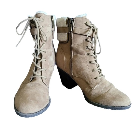 Unisa Womens Tan Suede Lace Up Combat Style Ankle Boots Buckle Side Zipper 10M - Picture 1 of 8